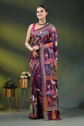 Wine silk kantha saree with hand embroidered flora and fauna theme 6