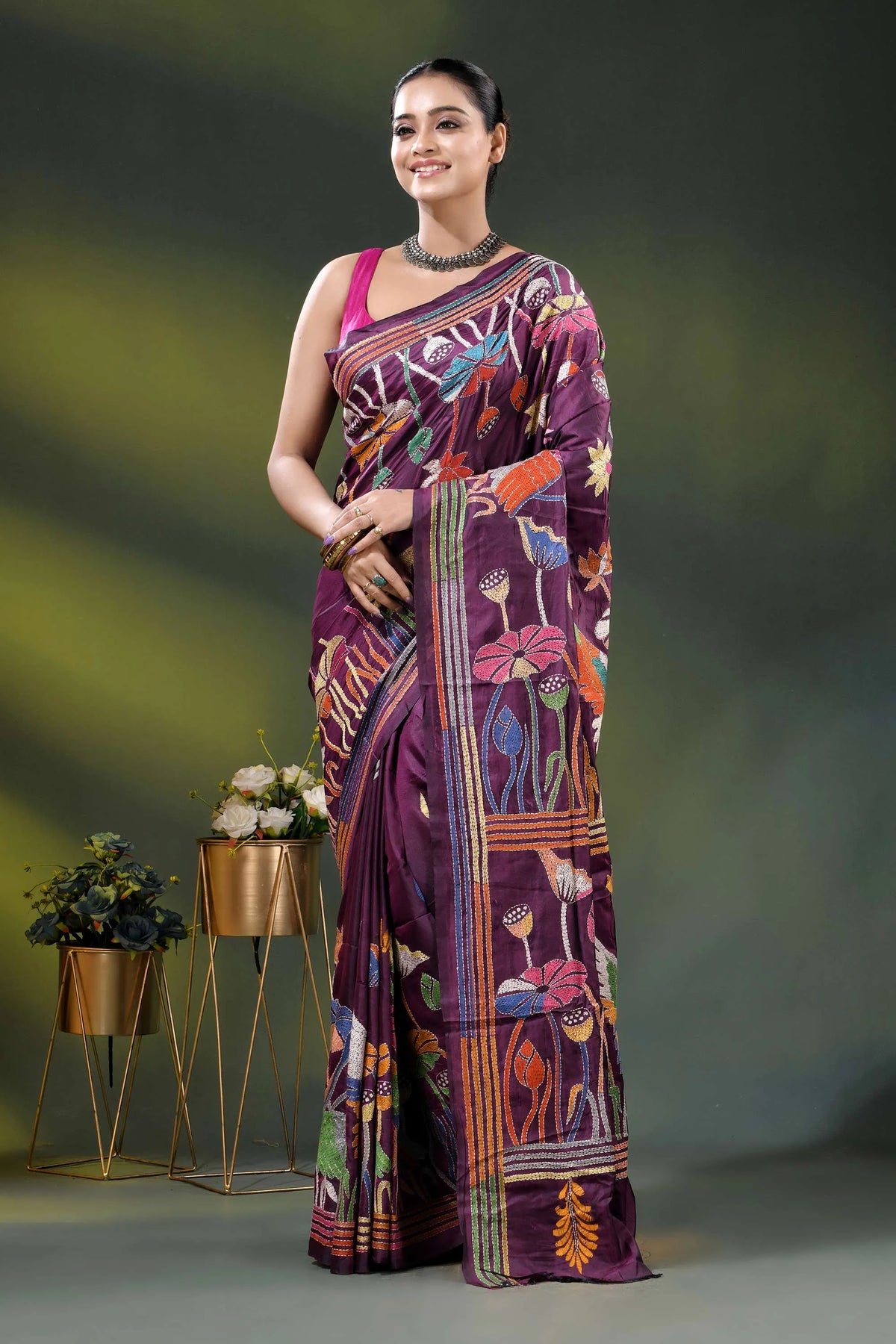Wine silk kantha saree with hand embroidered flora and fauna theme 6