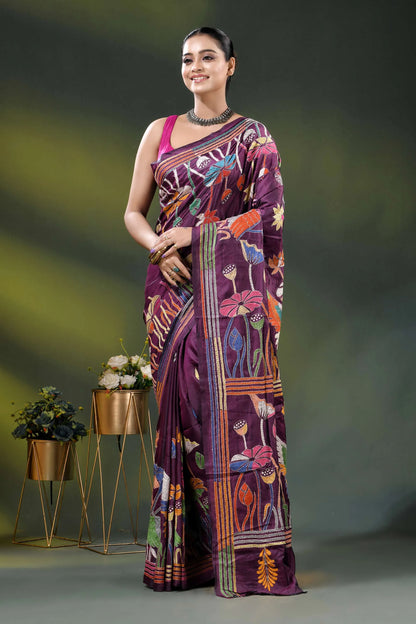 Wine silk kantha saree with hand embroidered flora and fauna theme 6