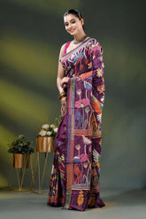 Wine silk kantha saree with hand embroidered flora and fauna theme 3