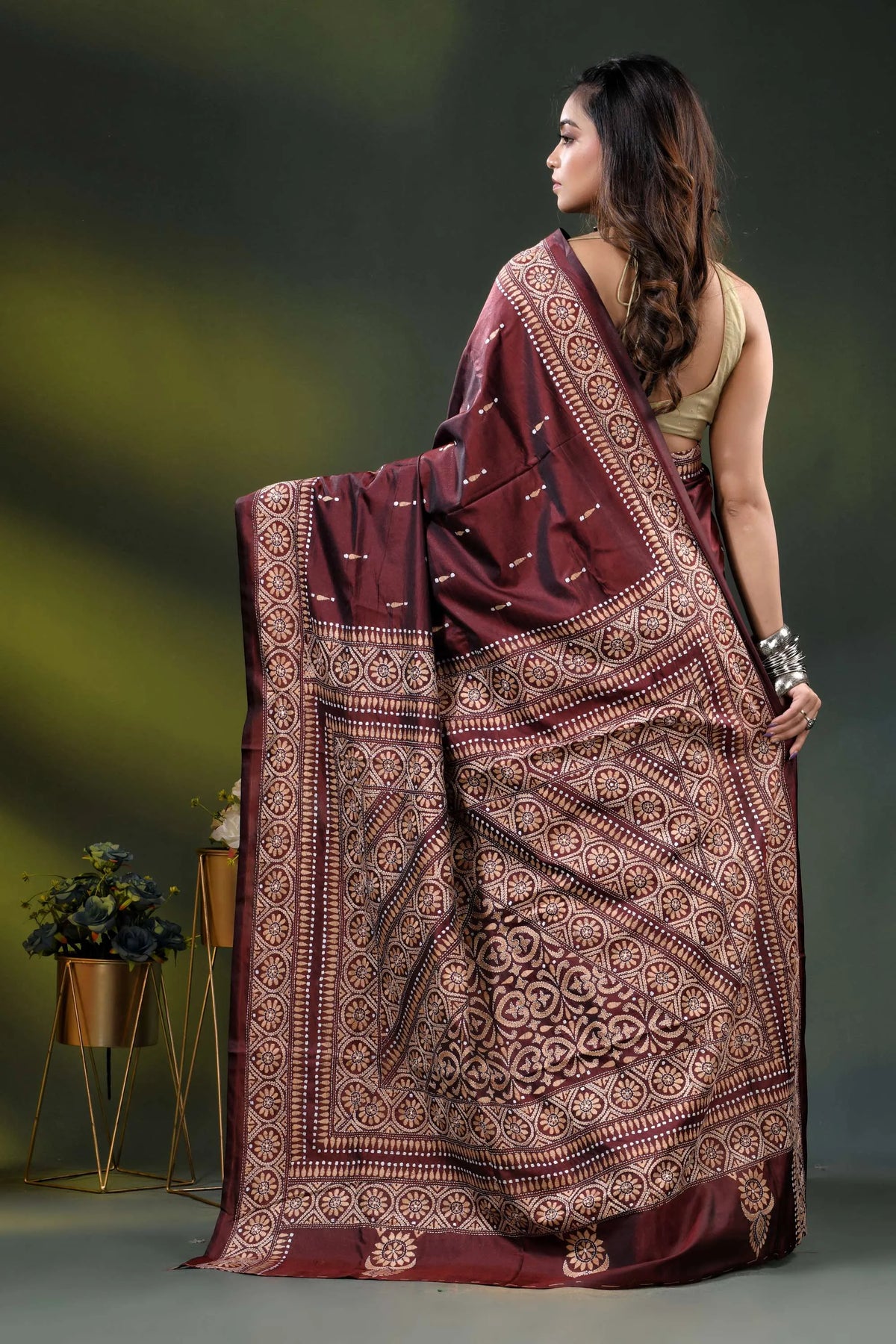 Wine silk kantha stitch saree with hand embroidered ethnic design 5