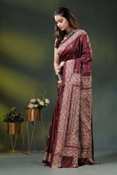 Wine silk kantha stitch saree with hand embroidered ethnic design 3