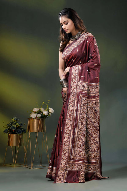 Wine silk kantha stitch saree with hand embroidered ethnic design 3