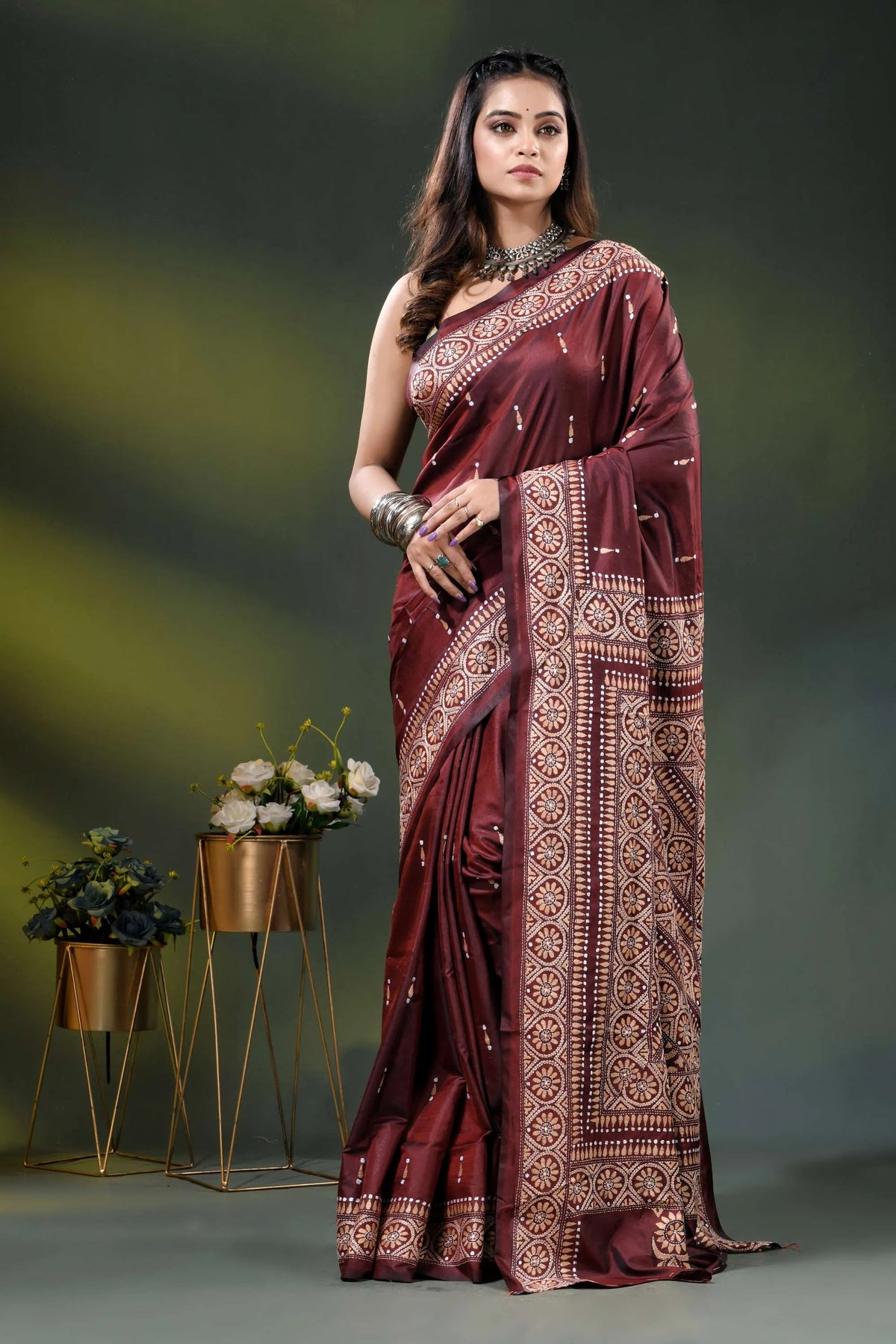 Wine silk kantha stitch saree with hand embroidered ethnic design 6