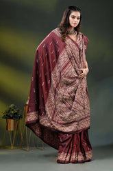 Wine silk kantha stitch saree with hand embroidered ethnic design 4