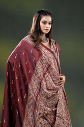 Wine silk kantha stitch saree with hand embroidered ethnic design 2