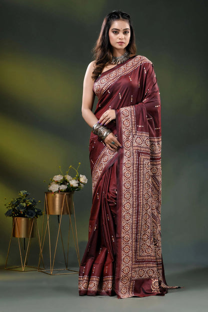 Wine silk kantha stitch saree with hand embroidered ethnic design 1