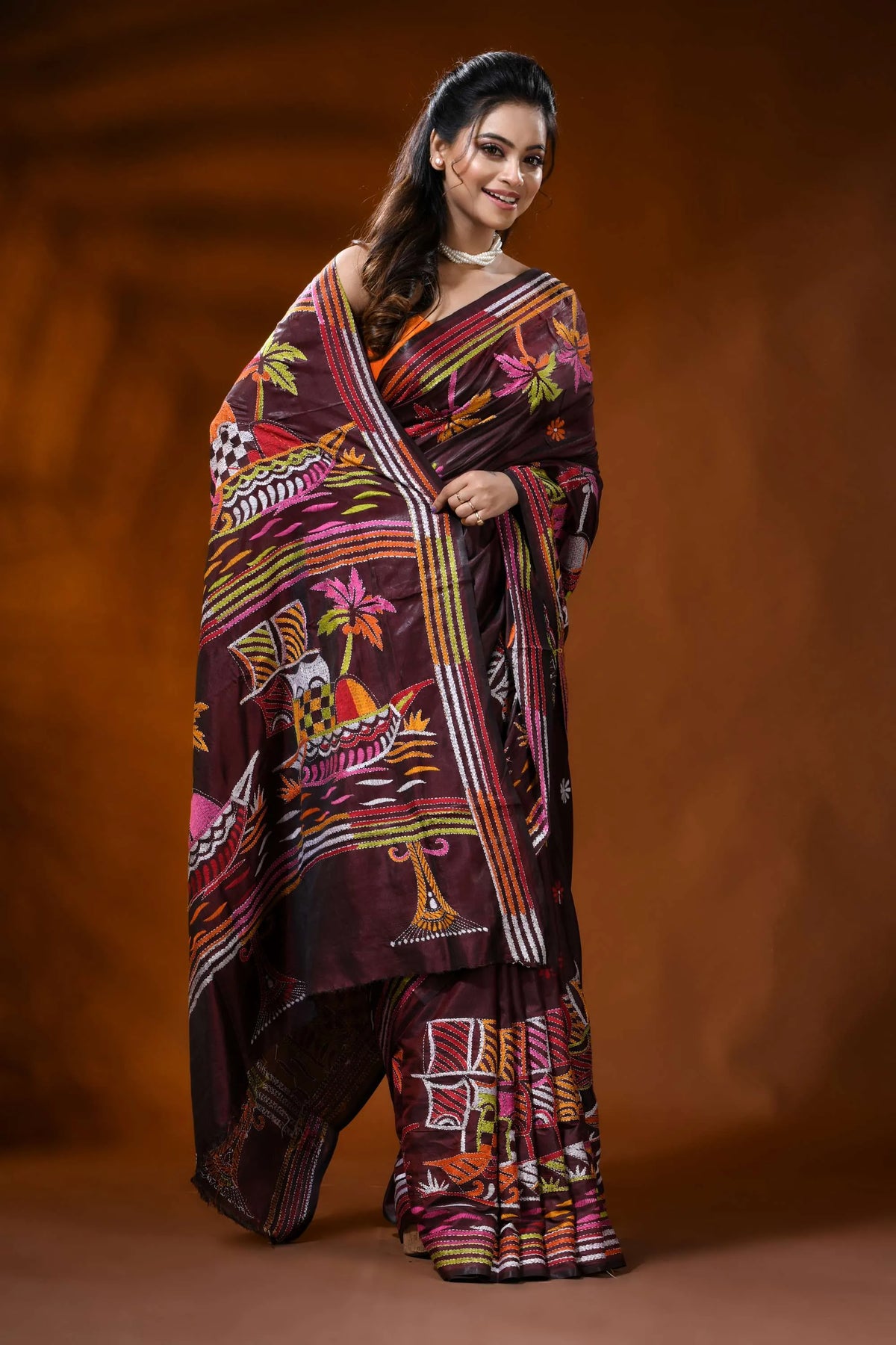 Wine silk kantha work saree with boat nature theme hand embroidery 4