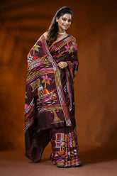 Wine silk kantha work saree with boat nature theme hand embroidery 4