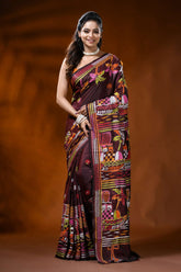 Wine silk kantha work saree with boat nature theme hand embroidery 1