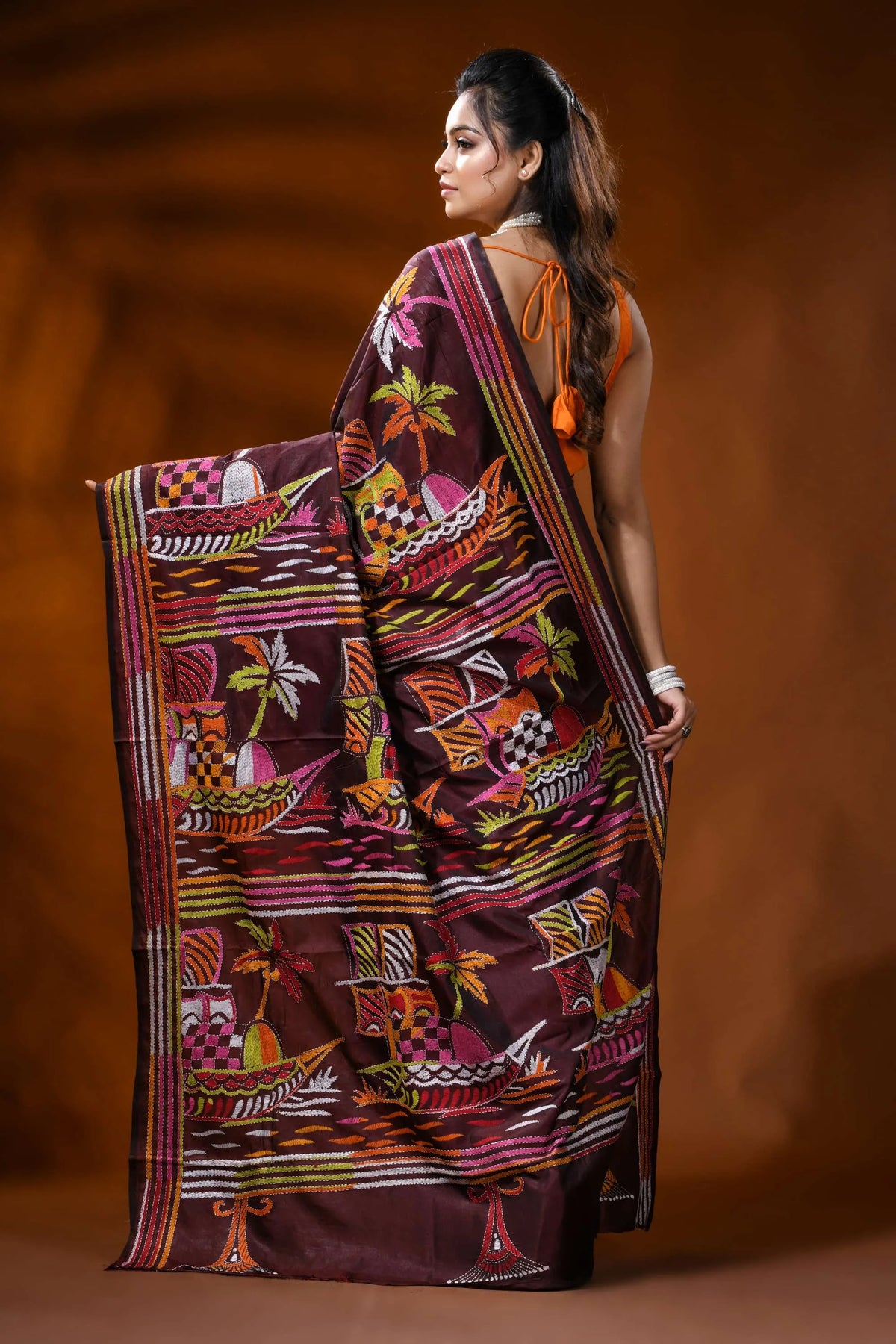 Wine silk kantha work saree with boat nature theme hand embroidery 5