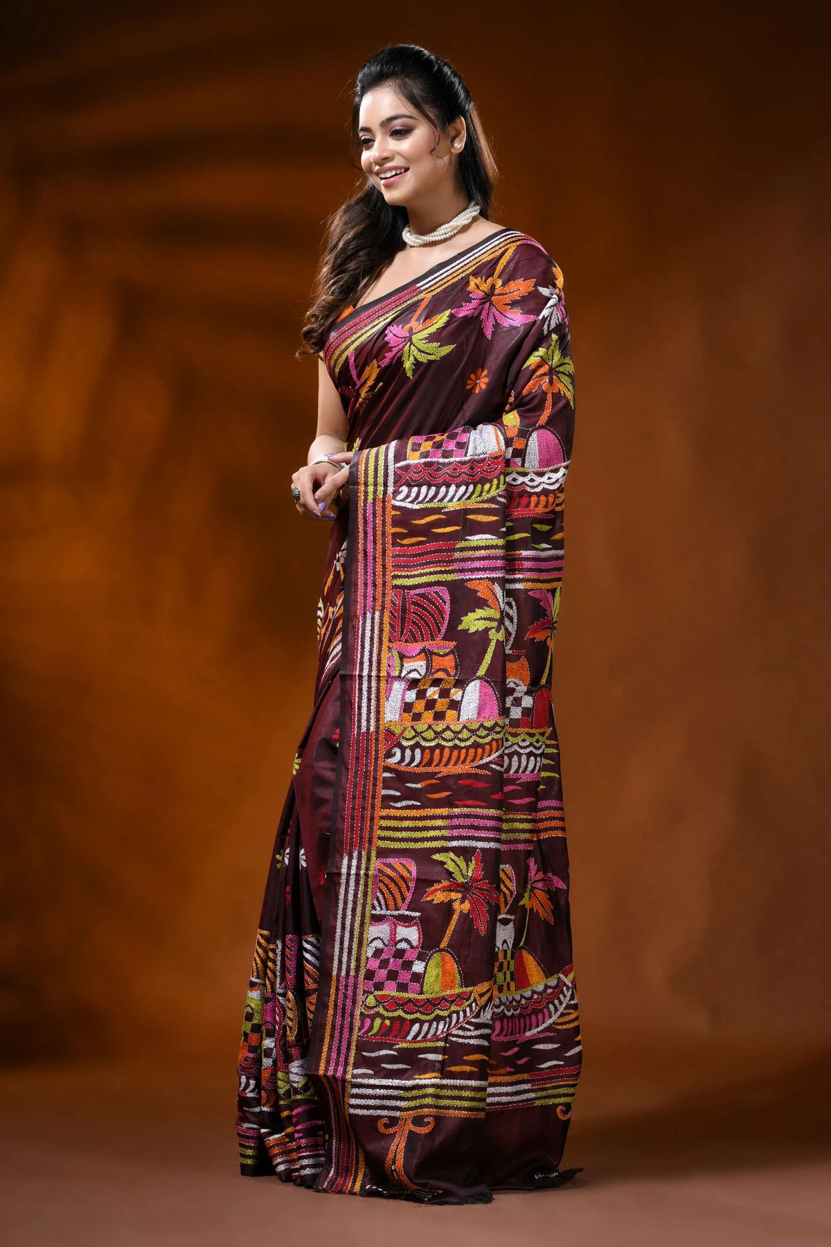 Wine silk kantha work saree with boat nature theme hand embroidery 3