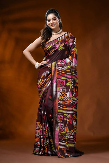 Wine silk kantha work saree with boat nature theme hand embroidery 6