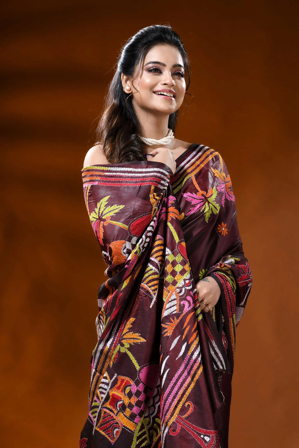 Wine silk kantha work saree with boat nature theme hand embroidery 2