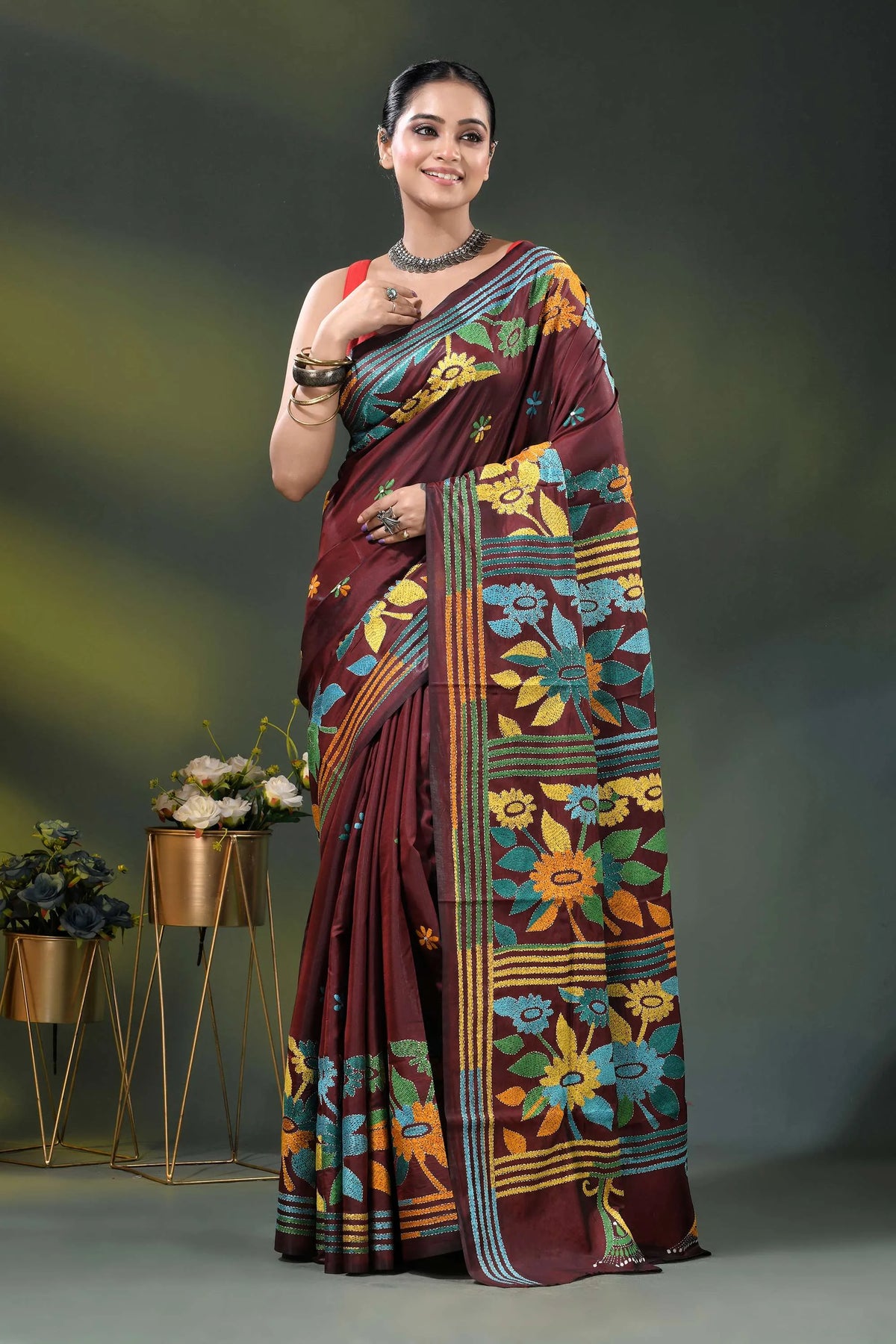 Wine silk kantha work saree with multicolor floral nature design 6