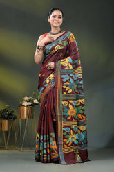 Wine silk kantha work saree with multicolor floral nature design 6