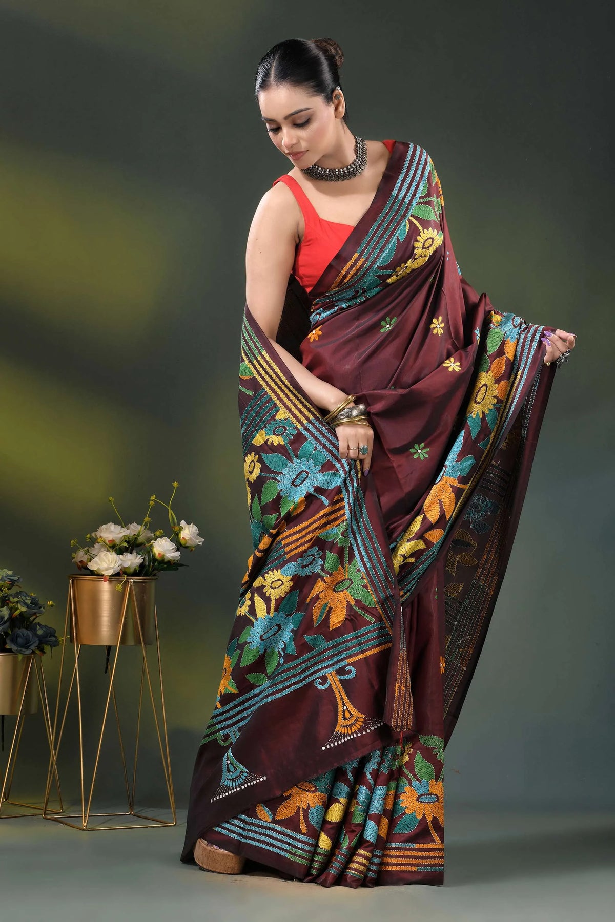 Wine silk kantha work saree with multicolor floral nature design 4