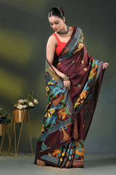 Wine silk kantha work saree with multicolor floral nature design 4