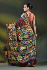 Wine silk kantha work saree with multicolor floral nature design 5