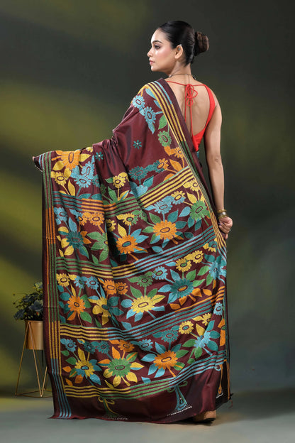 Wine silk kantha work saree with multicolor floral nature design 5