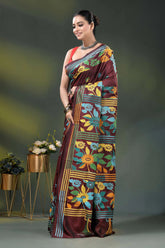 Wine silk kantha work saree with multicolor floral nature design 3