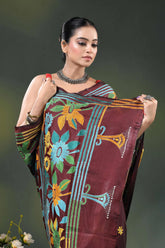 Wine silk kantha work saree with multicolor floral nature design 2
