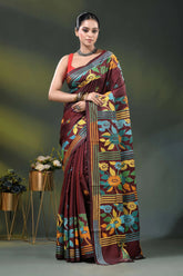 Wine silk kantha work saree with multicolor floral nature design 1