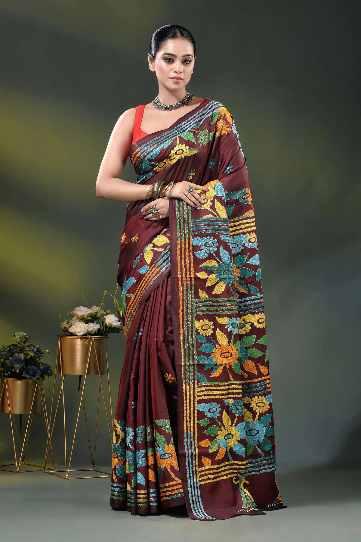 Wine silk kantha work saree with multicolor floral nature design 1