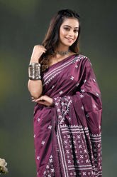 Wine silk kutch embroidered saree with handmade geometric motif design 2