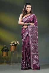 Wine silk kutch embroidered saree with handmade geometric motif design 1