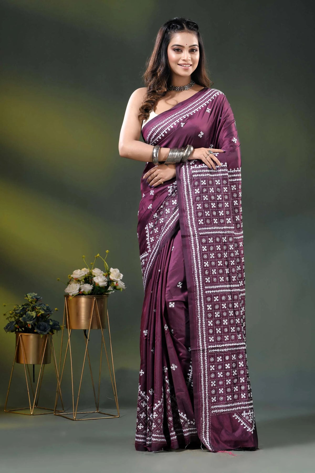 Wine silk kutch embroidered saree with handmade geometric motif design 1