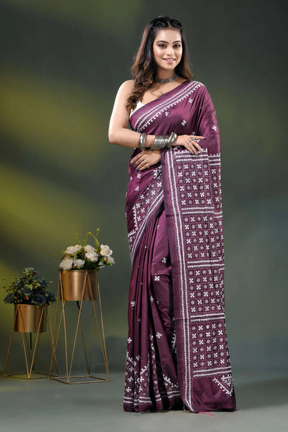 Wine silk kutch embroidered saree with handmade geometric motif design 1