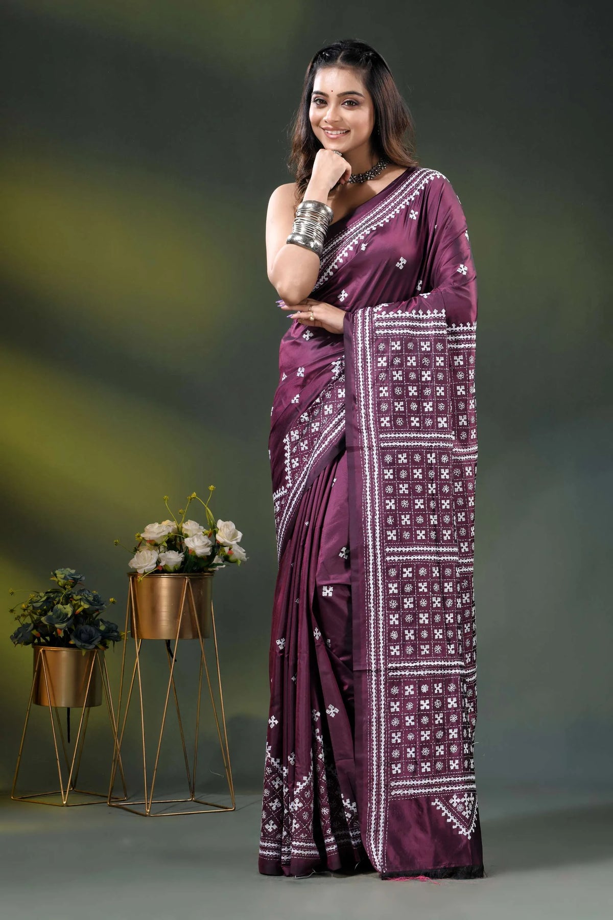 Wine silk kutch embroidered saree with handmade geometric motif design 6