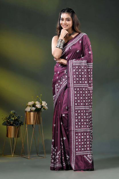 Wine silk kutch embroidered saree with handmade geometric motif design 6