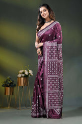 Wine silk kutch embroidered saree with handmade geometric motif design 3