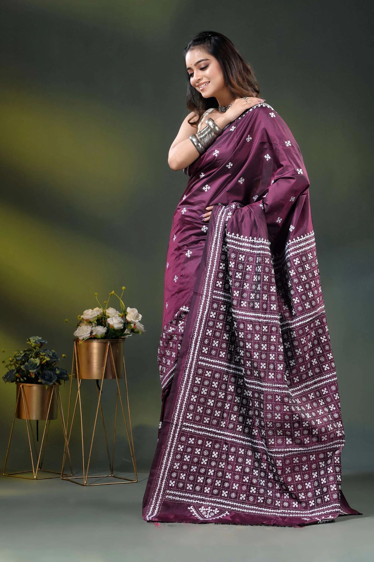 Wine silk kutch embroidered saree with handmade geometric motif design 4