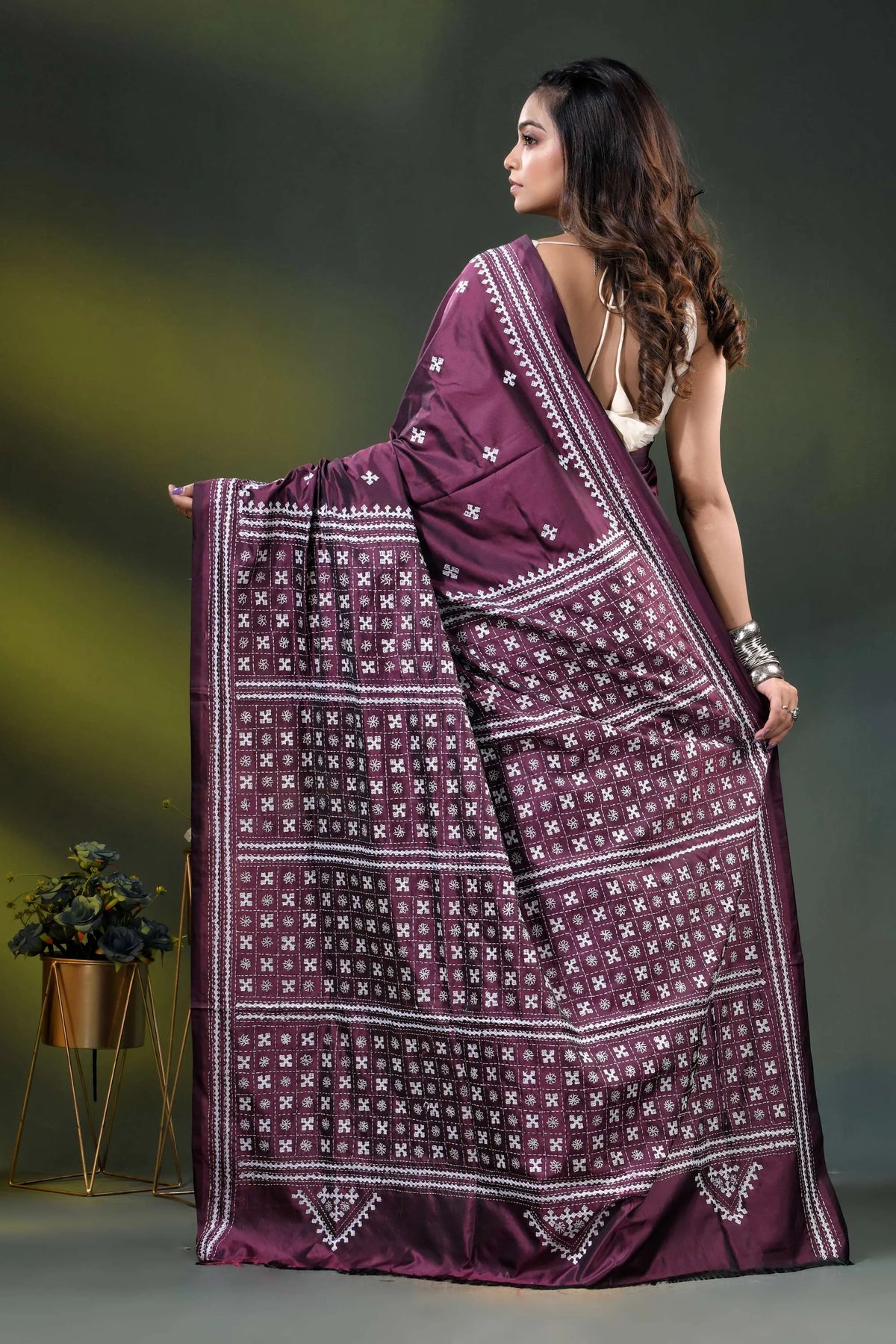 Wine silk kutch embroidered saree with handmade geometric motif design 5