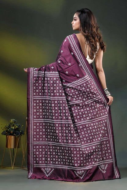 Wine silk kutch embroidered saree with handmade geometric motif design 5