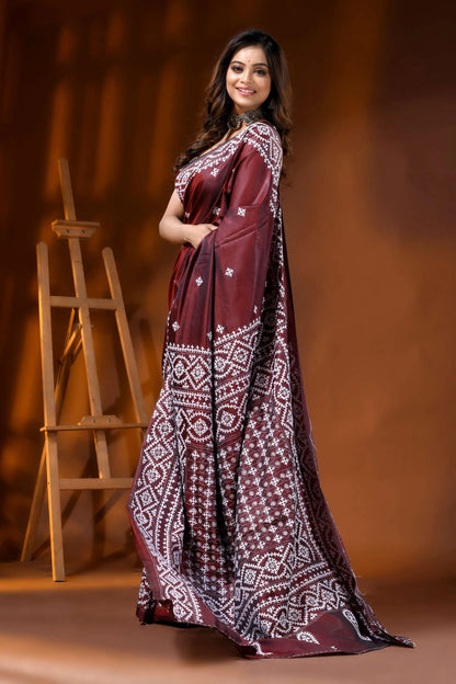 Wine silk kutch embroidery saree with handcrafted ethnic design 4