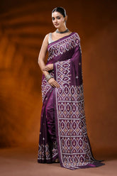 Wine silk kutch work saree with handmade geometric ethnic motif 1