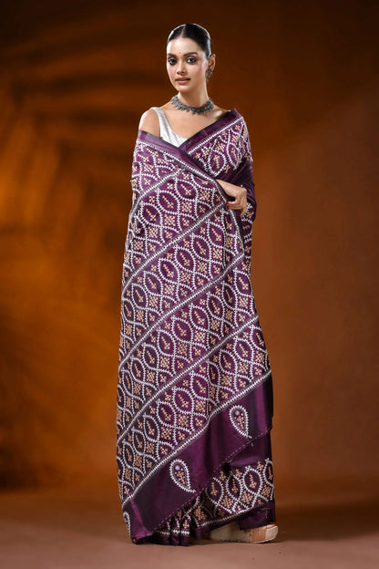 Wine silk kutch work saree with handmade geometric ethnic motif 4