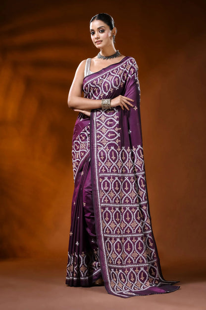 Wine silk kutch work saree with handmade geometric ethnic motif 6