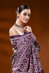 Wine silk kutch work saree with handmade geometric ethnic motif 2