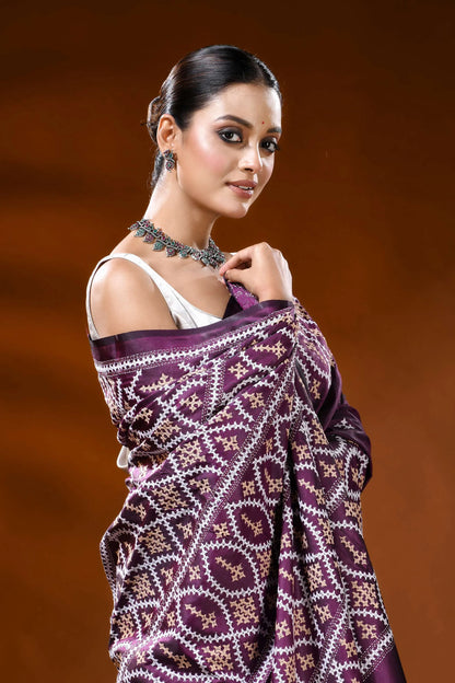 Wine silk kutch work saree with handmade geometric ethnic motif 2