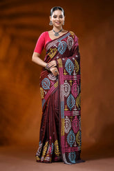 Wine silk kutch work saree with multicolor paisley ethnic design 1