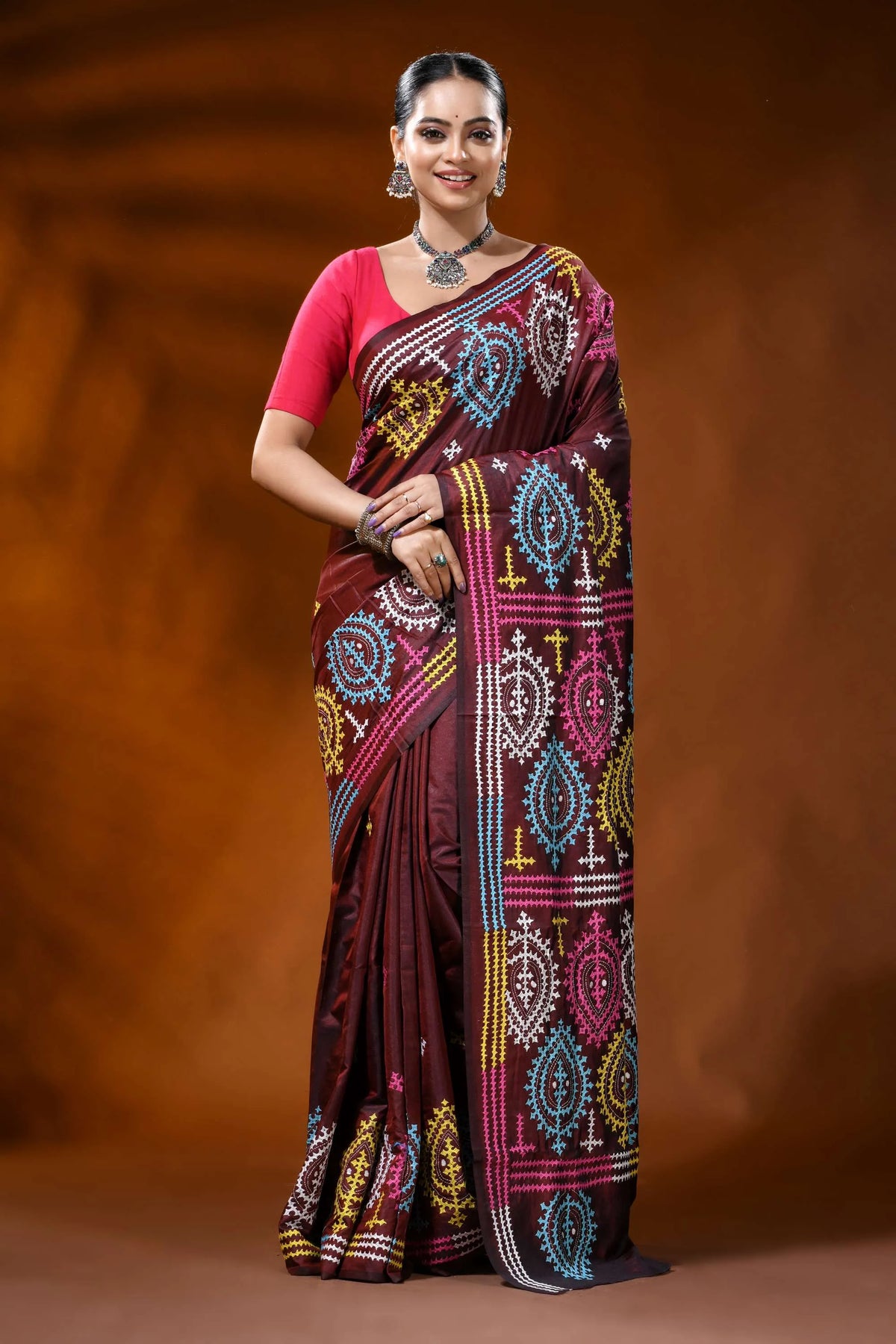 Wine silk kutch work saree with multicolor paisley ethnic design 1