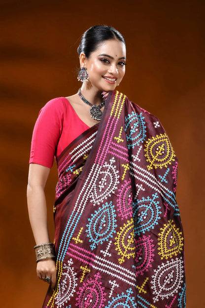Wine silk kutch work saree with multicolor paisley ethnic design 2