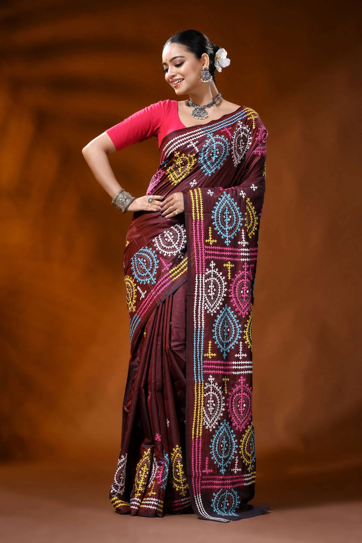 Wine silk kutch work saree with multicolor paisley ethnic design 6