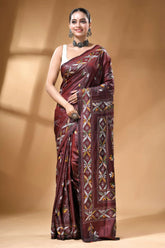 Wine tree motif multi-thread silk kantha stitch saree - handmade rich maroon silk saree adorned 6