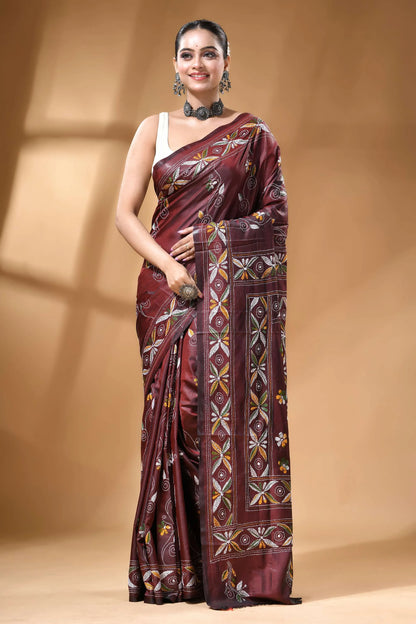 Wine tree motif multi-thread silk kantha stitch saree - handmade rich maroon silk saree adorned 6
